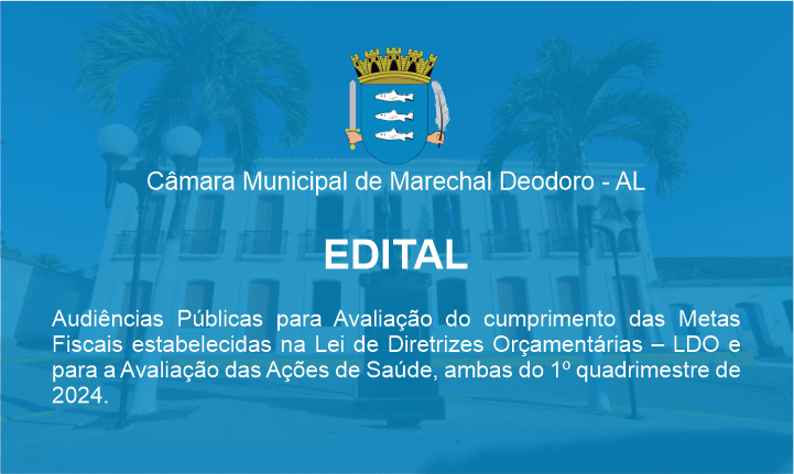 Audiências Públicas para Avaliação do cumprimento das Metas Fiscais estabelecidas na Lei de Diretrizes Orçamentárias – LDO e para a Avaliação das Ações de Saúde, ambas do 1º quadrimestre de 2024.